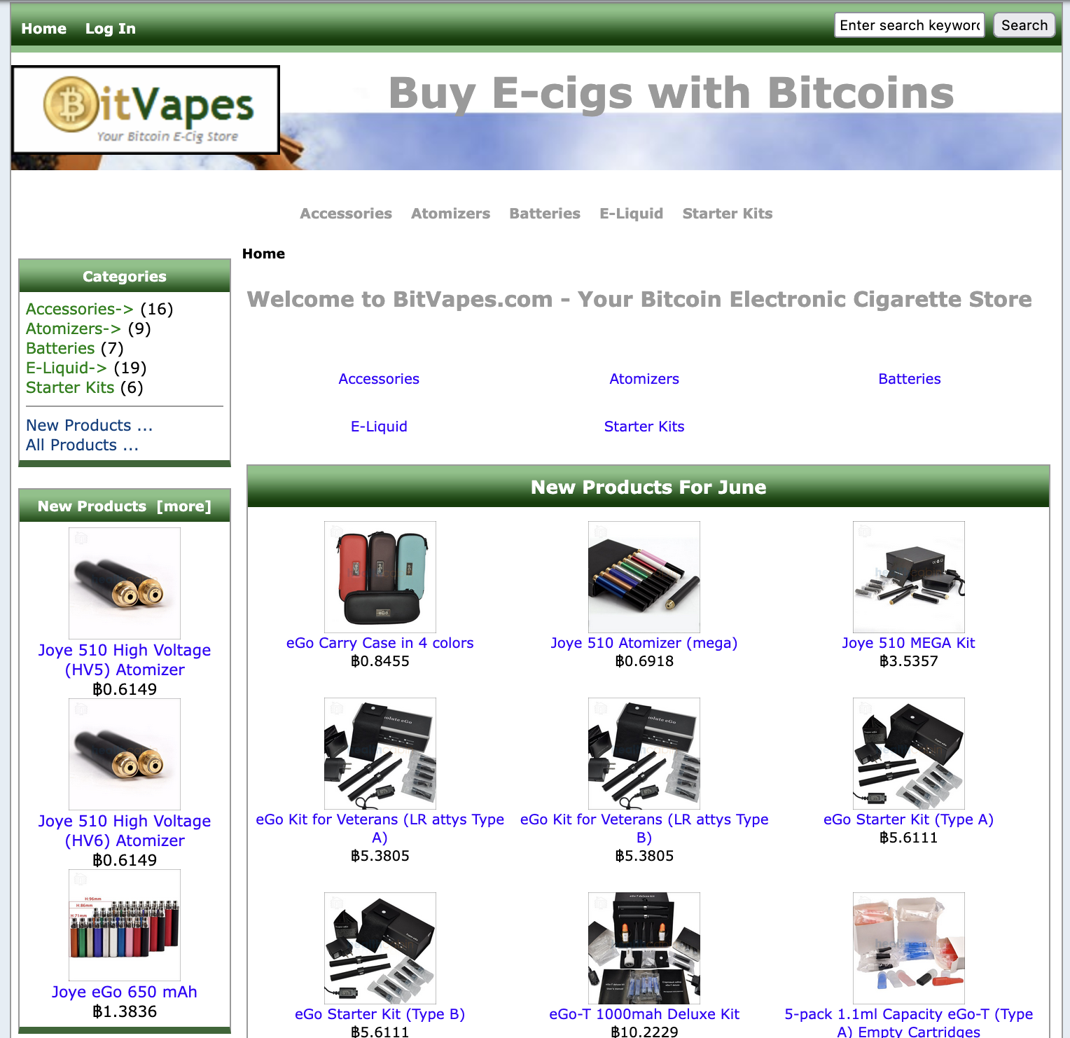 Screenshot of the original BitVapes.com storefront — Your Bitcoin Electronic Cigarette Store